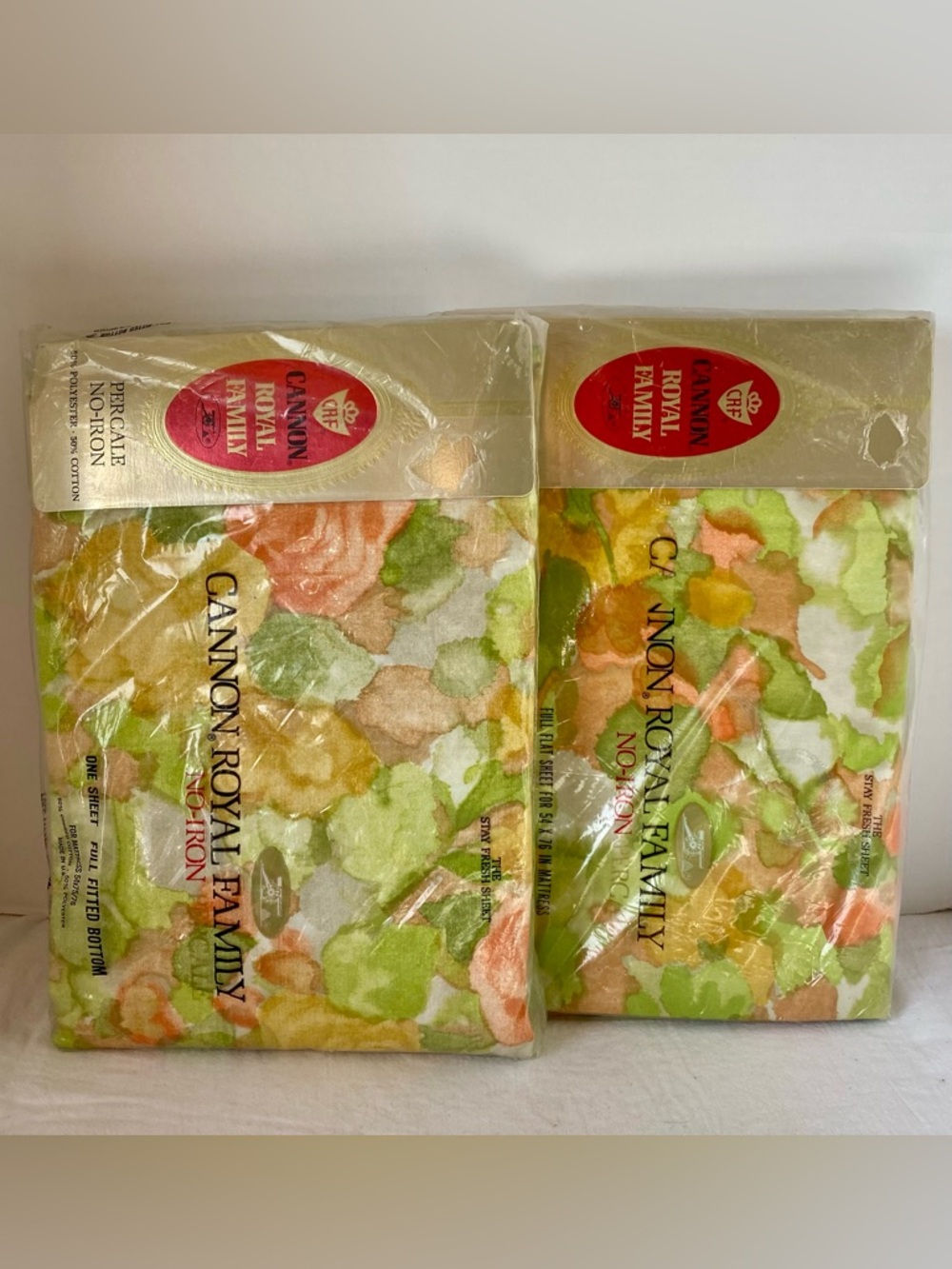 VTG Cannon Royal Family FULL Sheet Set Fitted & Flat Floral Rose Abstract NOS